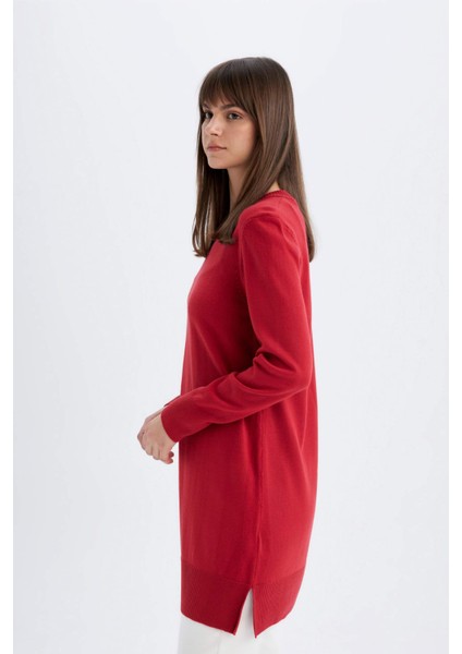 Regular Fit Bisiklet Yaka Yırtmaçlı Basic Düz Triko Kazak Tunik H3431AZ24AU