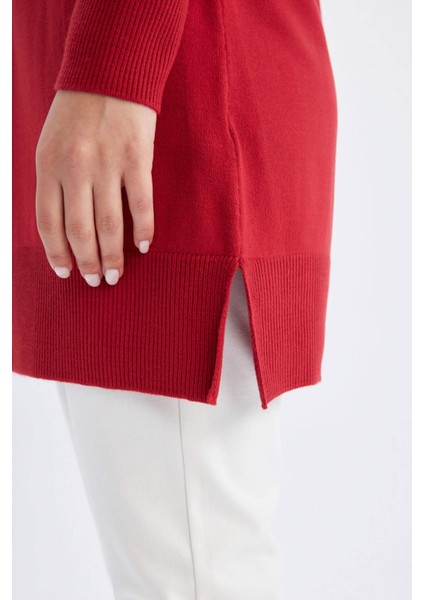 Regular Fit Bisiklet Yaka Yırtmaçlı Basic Düz Triko Kazak Tunik H3431AZ24AU