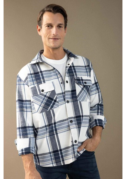 Lacivert Relax Fit Polo Yaka Kareli Oduncu Flanel Pamuklu Uzun Kollu Gömlek Z0639AZ24AU