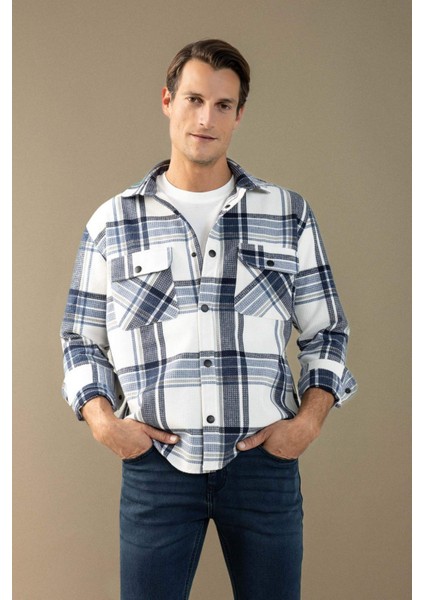 Lacivert Relax Fit Polo Yaka Kareli Oduncu Flanel Pamuklu Uzun Kollu Gömlek Z0639AZ24AU