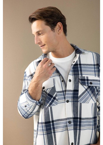 Lacivert Relax Fit Polo Yaka Kareli Oduncu Flanel Pamuklu Uzun Kollu Gömlek Z0639AZ24AU