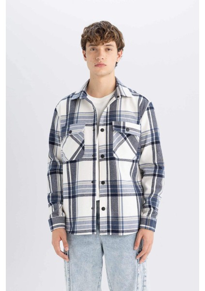 Lacivert Relax Fit Polo Yaka Kareli Oduncu Flanel Pamuklu Uzun Kollu Gömlek Z0639AZ24AU