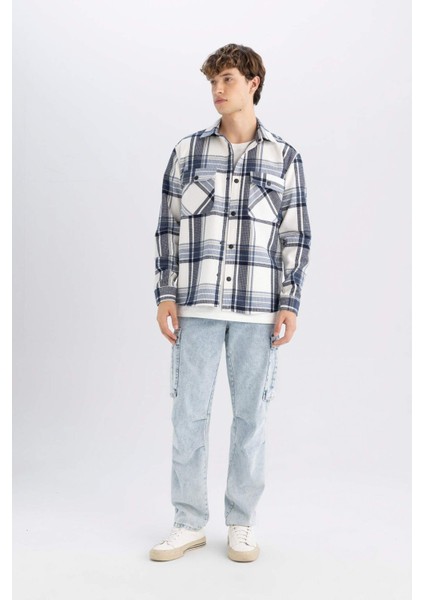 Lacivert Relax Fit Polo Yaka Kareli Oduncu Flanel Pamuklu Uzun Kollu Gömlek Z0639AZ24AU