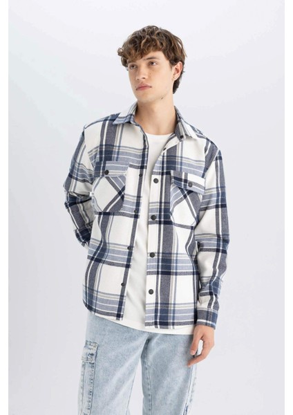 Lacivert Relax Fit Polo Yaka Kareli Oduncu Flanel Pamuklu Uzun Kollu Gömlek Z0639AZ24AU