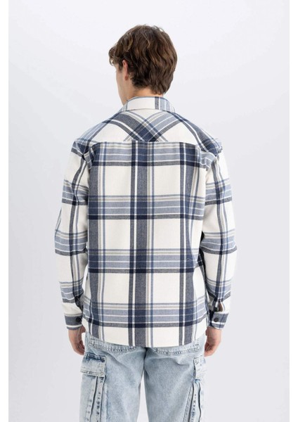 Lacivert Relax Fit Polo Yaka Kareli Oduncu Flanel Pamuklu Uzun Kollu Gömlek Z0639AZ24AU