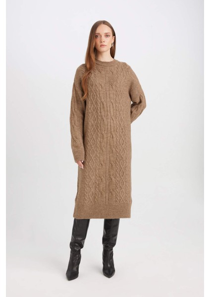 Regular Fit Bisiklet Yaka Saç Örgülü Basic Düz Uzun Kollu Maxi Triko Elbise Y2073AZ24WN