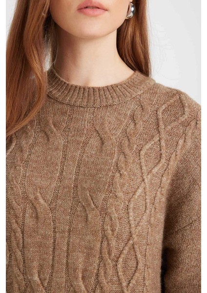 Regular Fit Bisiklet Yaka Saç Örgülü Basic Düz Uzun Kollu Maxi Triko Elbise Y2073AZ24WN