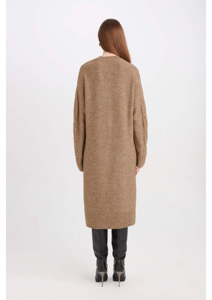 Regular Fit Bisiklet Yaka Saç Örgülü Basic Düz Uzun Kollu Maxi Triko Elbise Y2073AZ24WN