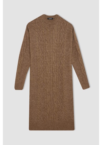 Regular Fit Bisiklet Yaka Saç Örgülü Basic Düz Uzun Kollu Maxi Triko Elbise Y2073AZ24WN