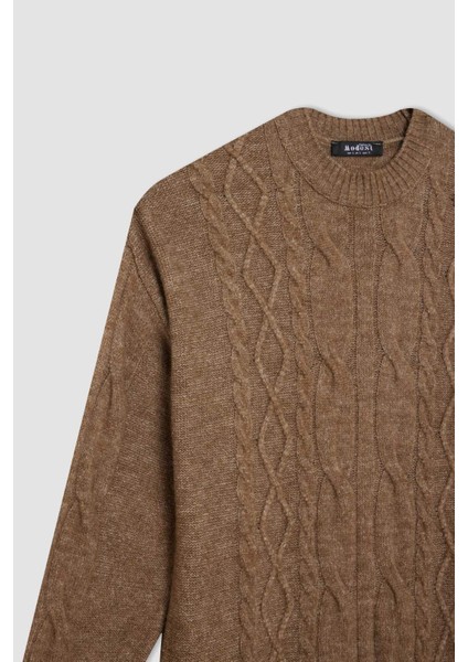 Regular Fit Bisiklet Yaka Saç Örgülü Basic Düz Uzun Kollu Maxi Triko Elbise Y2073AZ24WN