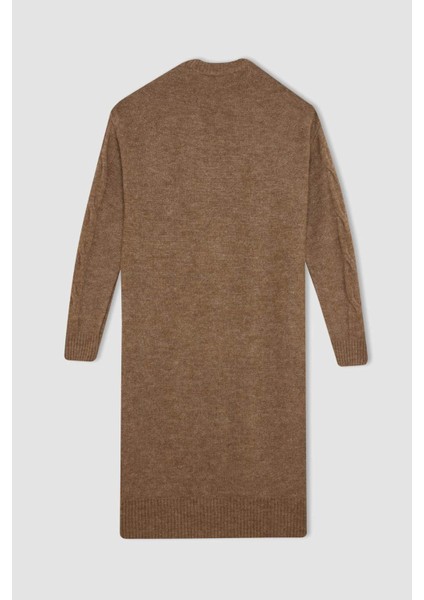 Regular Fit Bisiklet Yaka Saç Örgülü Basic Düz Uzun Kollu Maxi Triko Elbise Y2073AZ24WN