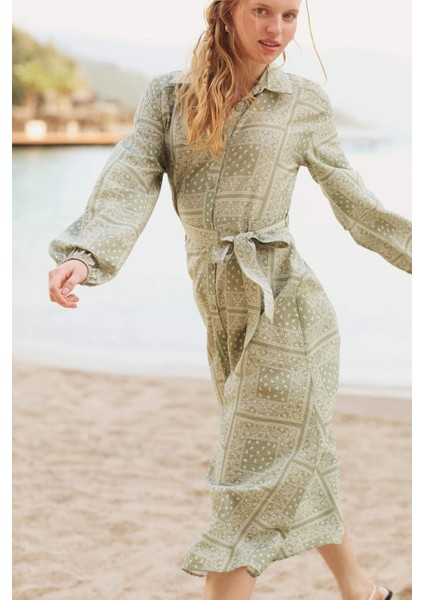 Gömlek Yaka Desenli Aerobin Uzun Kollu Kuşaklı Midi Elbise