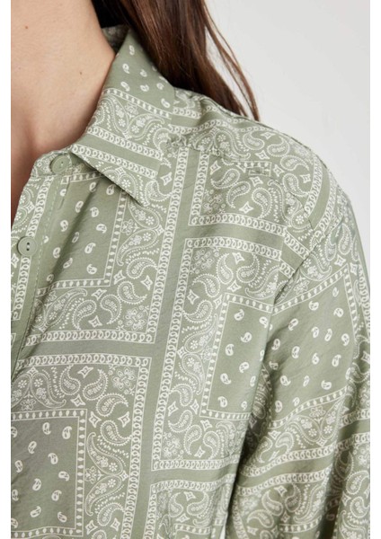 Gömlek Yaka Desenli Aerobin Uzun Kollu Kuşaklı Midi Elbise