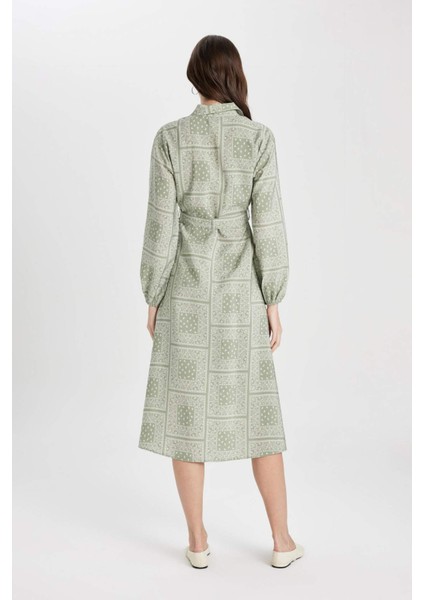 Gömlek Yaka Desenli Aerobin Uzun Kollu Kuşaklı Midi Elbise