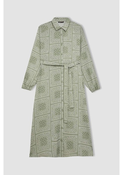 Gömlek Yaka Desenli Aerobin Uzun Kollu Kuşaklı Midi Elbise