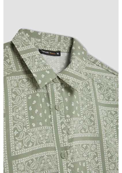 Gömlek Yaka Desenli Aerobin Uzun Kollu Kuşaklı Midi Elbise