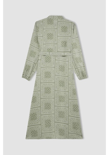 Gömlek Yaka Desenli Aerobin Uzun Kollu Kuşaklı Midi Elbise