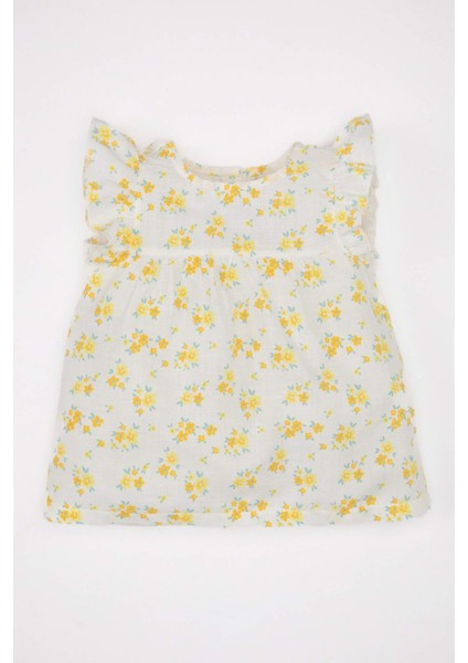 Kız Bebek Bisiklet Yaka Çiçekli Keten Görünümlü Kolsuz Bluz