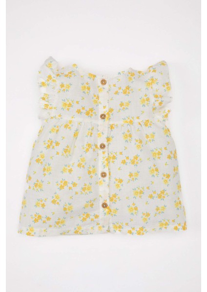 Kız Bebek Bisiklet Yaka Çiçekli Keten Görünümlü Kolsuz Bluz