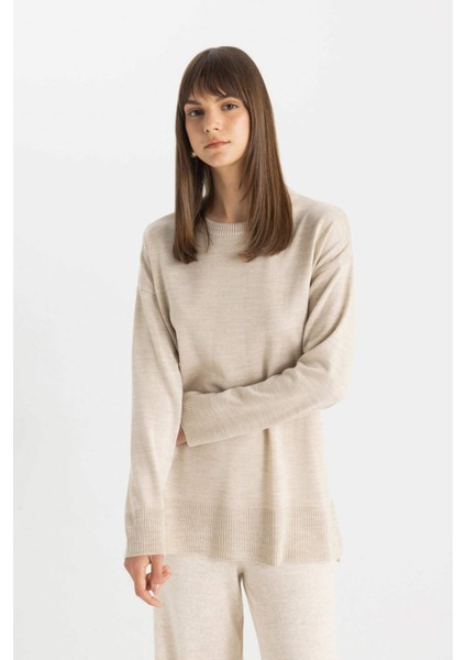 Regular Fit Bisiklet Yaka Yırtmaçlı Basic Düz Triko Kazak Tunik C5165AX24AU