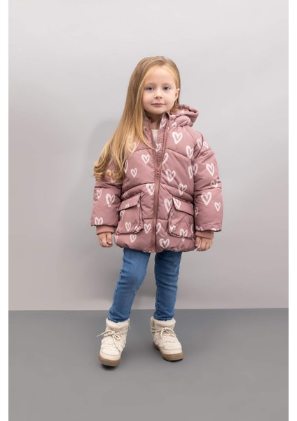 Kız Bebek Kapüşonlu Kalp Desenli Su Geçirmez Cep İçi Polarlı Şişme Mont C5313A524AU
