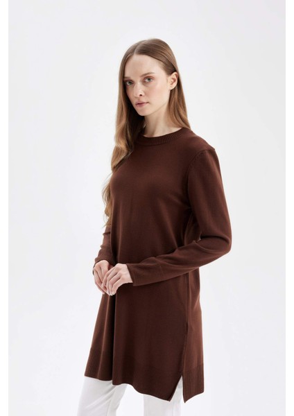 Regular Fit Bisiklet Yaka Yırtmaçlı Basic Düz Triko Kazak Tunik H3431AZ24AU