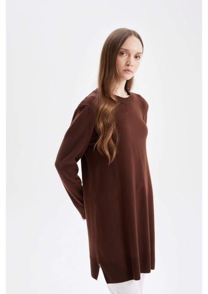 Regular Fit Bisiklet Yaka Yırtmaçlı Basic Düz Triko Kazak Tunik H3431AZ24AU