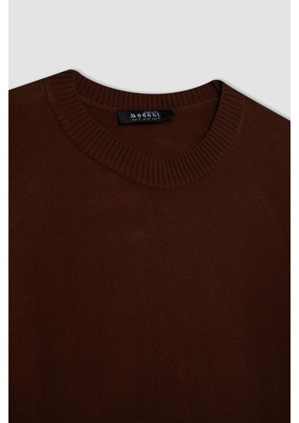 Regular Fit Bisiklet Yaka Yırtmaçlı Basic Düz Triko Kazak Tunik H3431AZ24AU