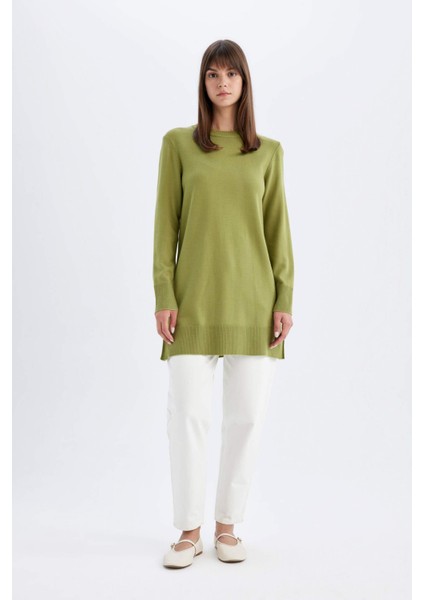 Regular Fit Bisiklet Yaka Yırtmaçlı Basic Düz Triko Kazak Tunik H3431AZ24AU