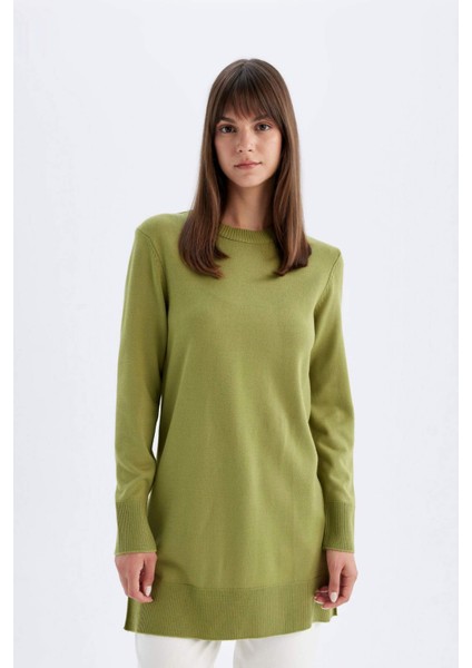 Regular Fit Bisiklet Yaka Yırtmaçlı Basic Düz Triko Kazak Tunik H3431AZ24AU