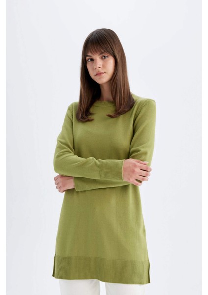 Regular Fit Bisiklet Yaka Yırtmaçlı Basic Düz Triko Kazak Tunik H3431AZ24AU