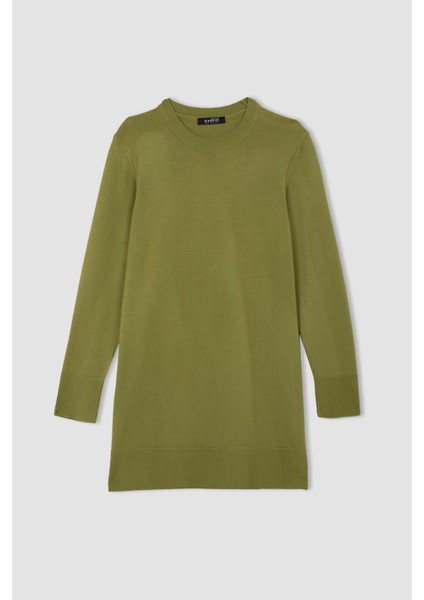 Regular Fit Bisiklet Yaka Yırtmaçlı Basic Düz Triko Kazak Tunik H3431AZ24AU