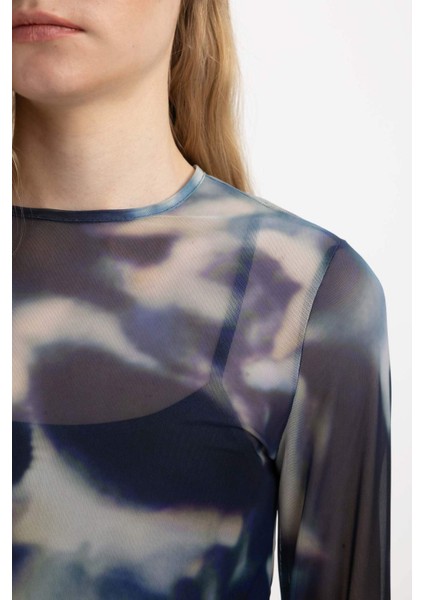 Slim Fit Dar Kesim Bisiklet Yaka Desenli Tül Uzun Kollu Bluz C5447AX24SP