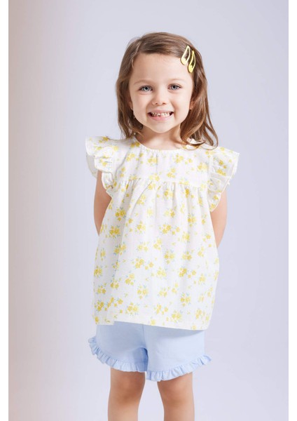 Kız Bebek Bisiklet Yaka Çiçekli Keten Görünümlü Kolsuz Bluz