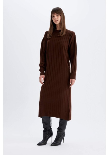 Regular Fit Yarım Balıkçı Yaka Basic Düz Uzun Kollu Triko Elbise