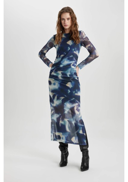 Bodycon Yuvarlak Yaka Batik Tül Midi Uzun Kollu Abiye Elbise C5082AX24SP