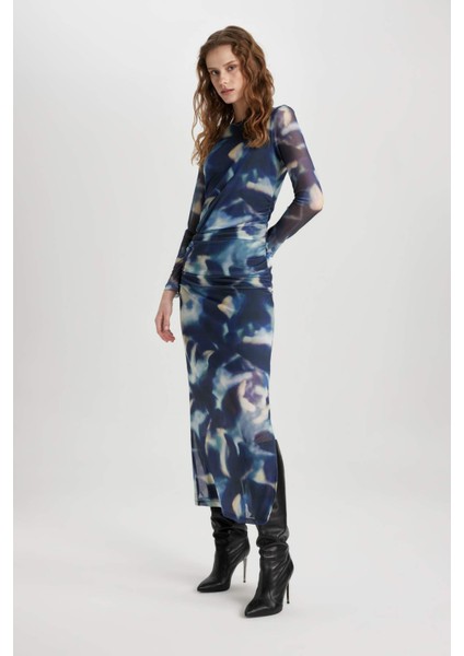 Bodycon Yuvarlak Yaka Batik Tül Midi Uzun Kollu Abiye Elbise C5082AX24SP