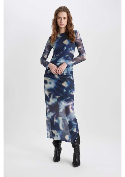 Bodycon Yuvarlak Yaka Batik Tül Midi Uzun Kollu Abiye Elbise C5082AX24SP