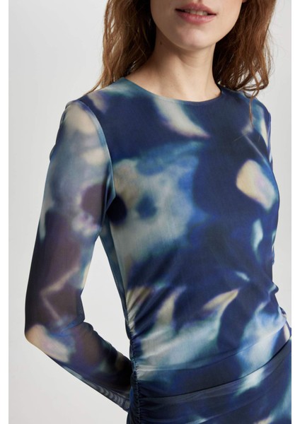 Bodycon Yuvarlak Yaka Batik Tül Midi Uzun Kollu Abiye Elbise C5082AX24SP