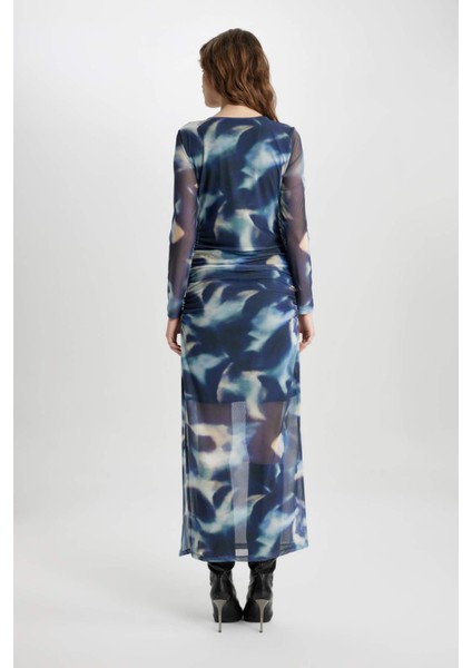 Bodycon Yuvarlak Yaka Batik Tül Midi Uzun Kollu Abiye Elbise C5082AX24SP