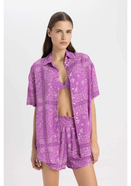 Regular Fit Desenli Viskon Plaj Gömleği-Fall in Love