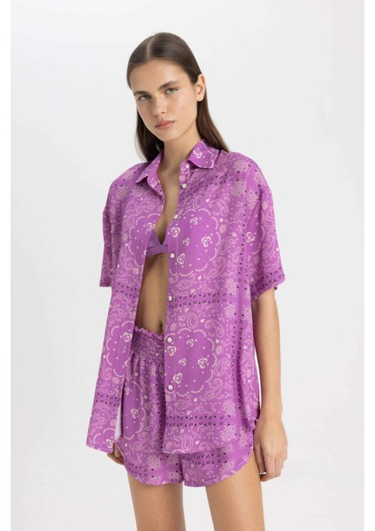 Regular Fit Desenli Viskon Plaj Gömleği-Fall in Love