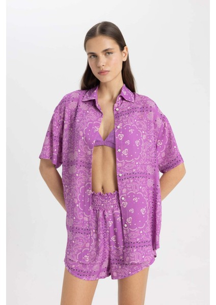 Regular Fit Desenli Viskon Plaj Gömleği-Fall in Love