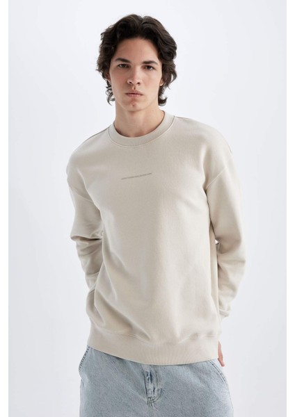 Boxy Fit Bisiklet Yaka Baskılı Sweatshirt