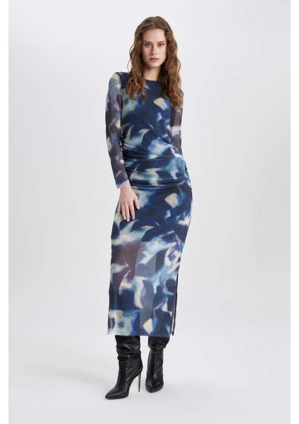 Bodycon Yuvarlak Yaka Batik Tül Midi Uzun Kollu Abiye Elbise C5082AX24SP