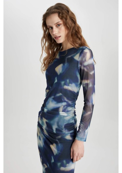 Bodycon Yuvarlak Yaka Batik Tül Midi Uzun Kollu Abiye Elbise C5082AX24SP