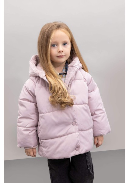 Kız Bebek Rüzgar Geçirmez Su İtici Kapüşonlu Suni Kürk Çıtçıtlı Fermuarlı Astarlı Şişme Mont C3502A524AU
