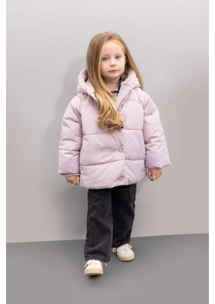 Kız Bebek Rüzgar Geçirmez Su İtici Kapüşonlu Suni Kürk Çıtçıtlı Fermuarlı Astarlı Şişme Mont C3502A524AU