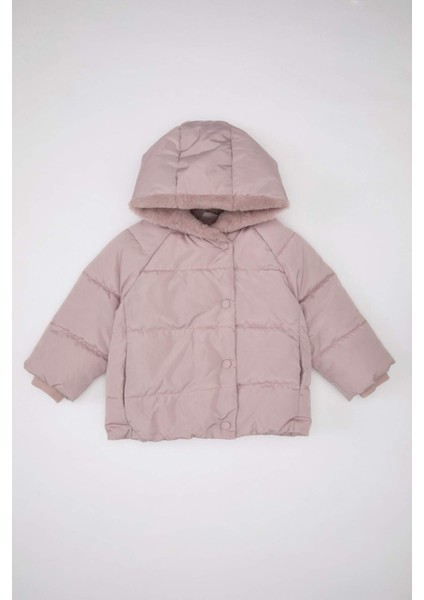 Kız Bebek Rüzgar Geçirmez Su İtici Kapüşonlu Suni Kürk Çıtçıtlı Fermuarlı Astarlı Şişme Mont C3502A524AU