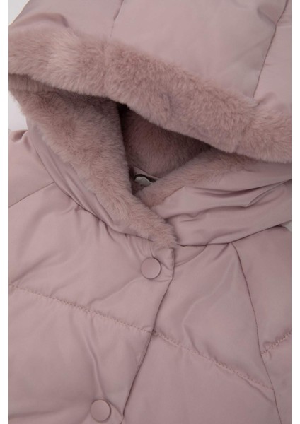 Kız Bebek Rüzgar Geçirmez Su İtici Kapüşonlu Suni Kürk Çıtçıtlı Fermuarlı Astarlı Şişme Mont C3502A524AU